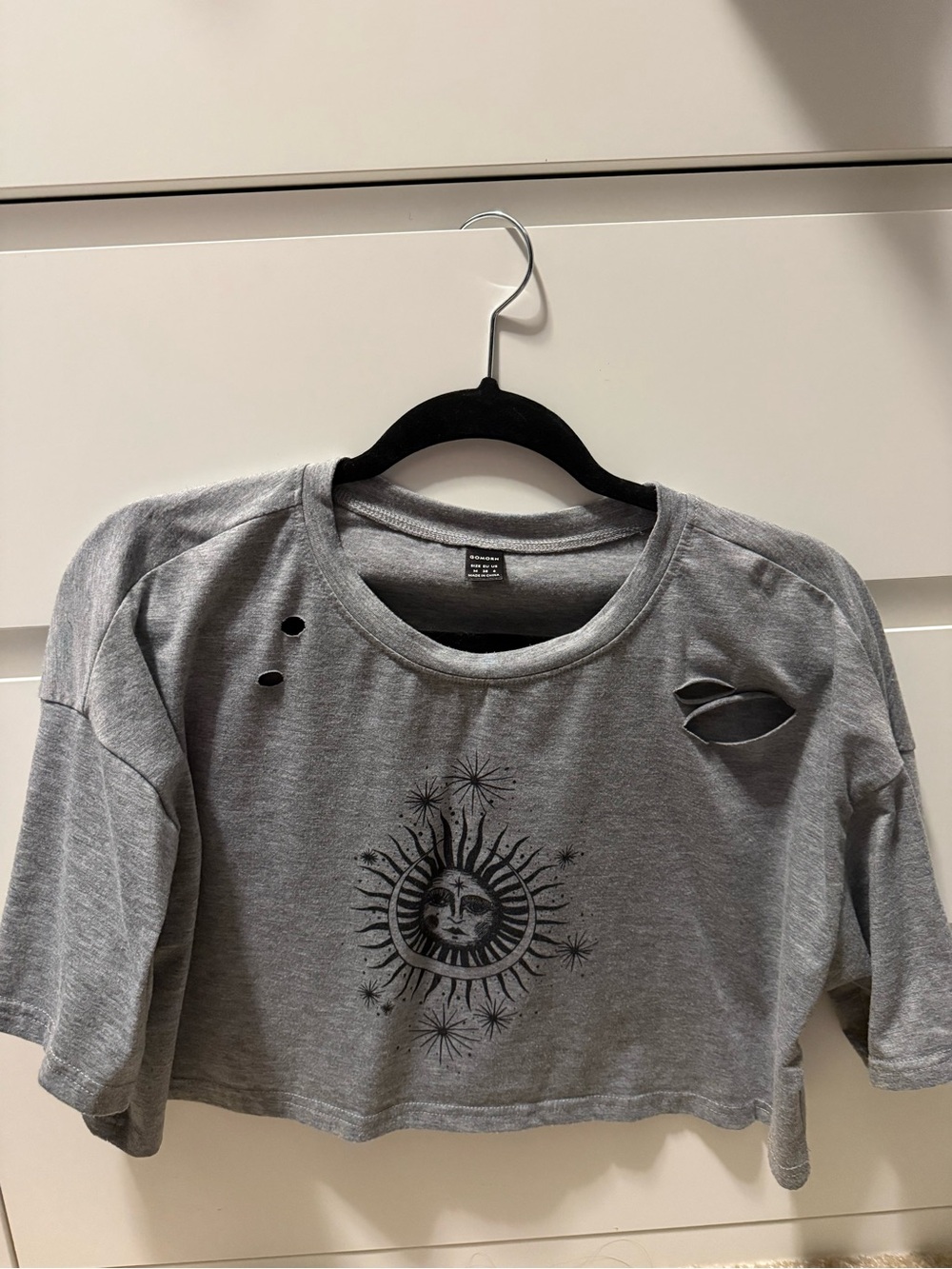 GOMORN Gray Celestial Sun & Moon Distressed Crop Top Size Medium